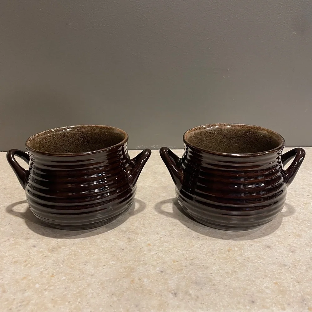 CRATE & BARREL Set of 2 Brunswick Stoneware Chili Soup Bowl Crock Brown Glazed